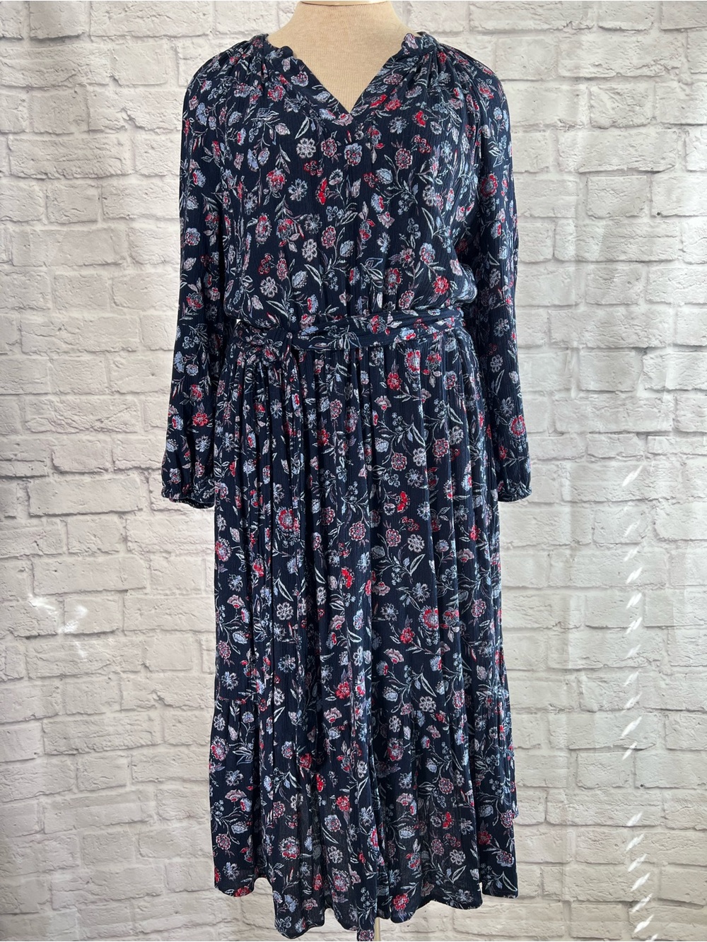 GAP Navy BoHo Splitneck Floral Long Sleeve Midi Dress Size XL